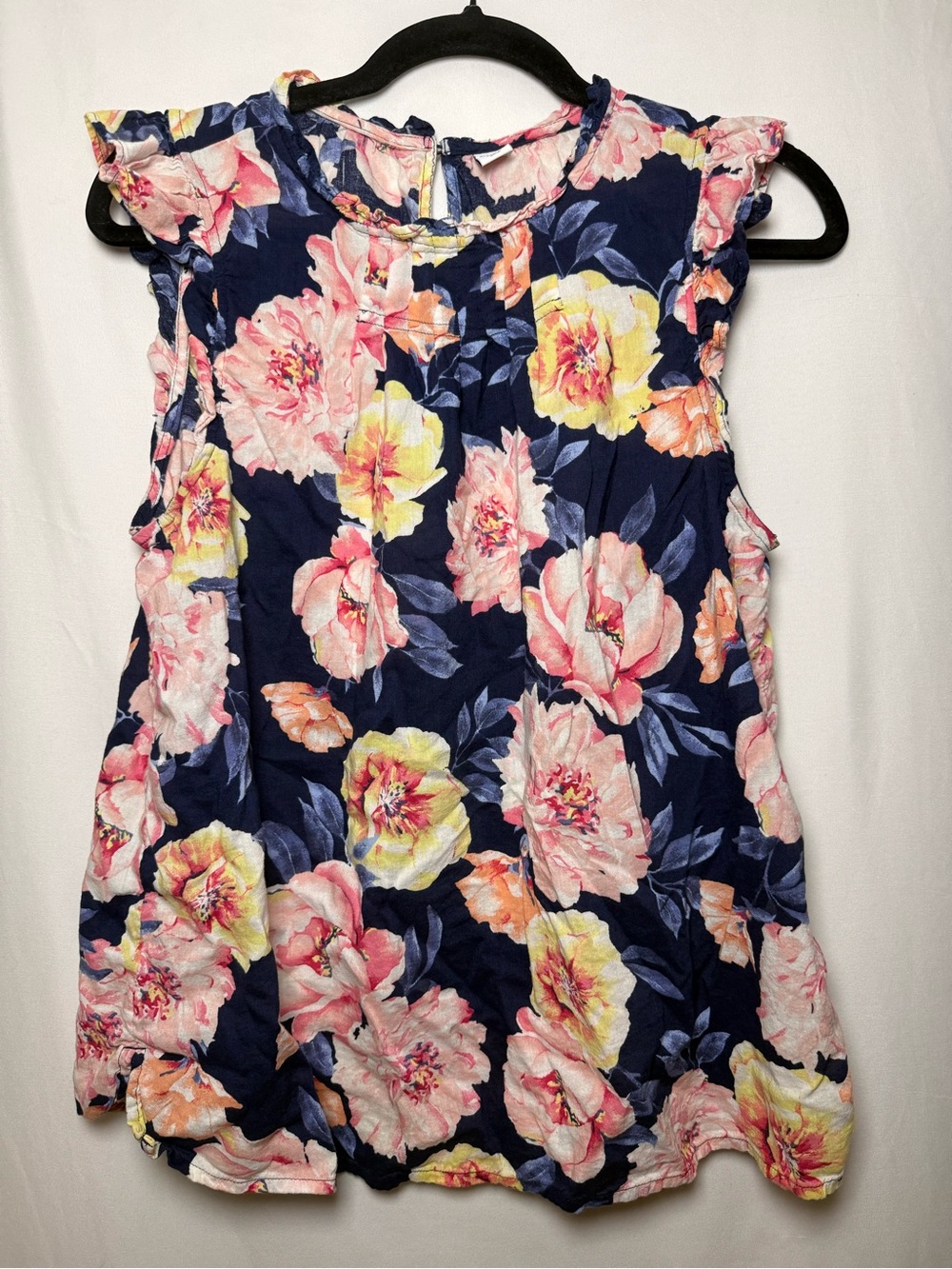 Old Navy Navy Floral Sleeveless Ruffle Trim Tank